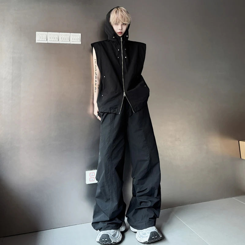 Men's Pants Set New Summer Solid Color Rivet Hooded Trendy Singel Breasted Vest Male Casual Straight Leg Pants 9W1790