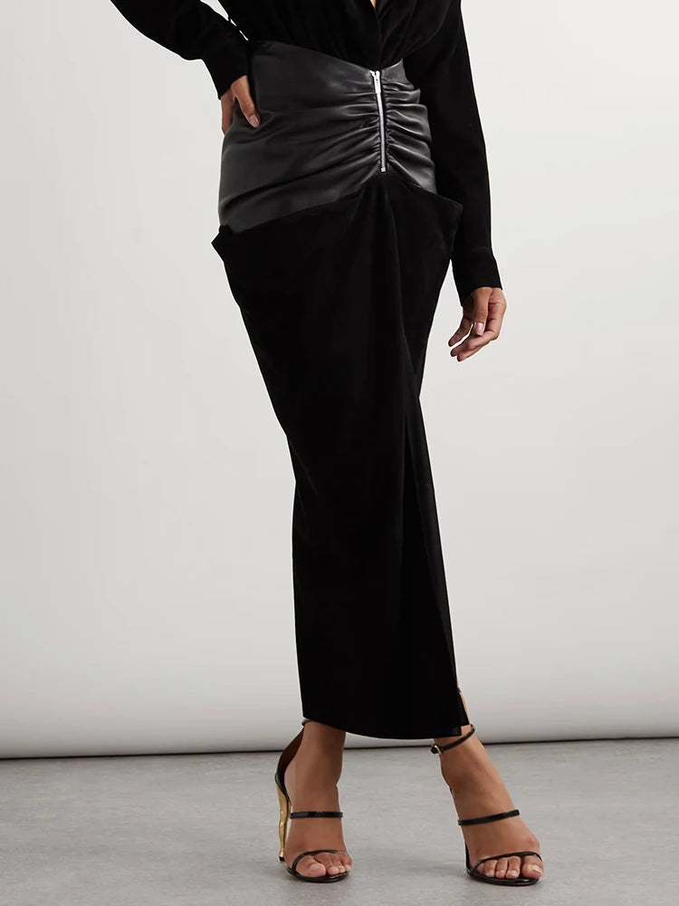Patchwork Leather Slimming Folds Skirts For Women High Waist Spliced Zipper Irregular Streetwear Bodycon Skirt Female