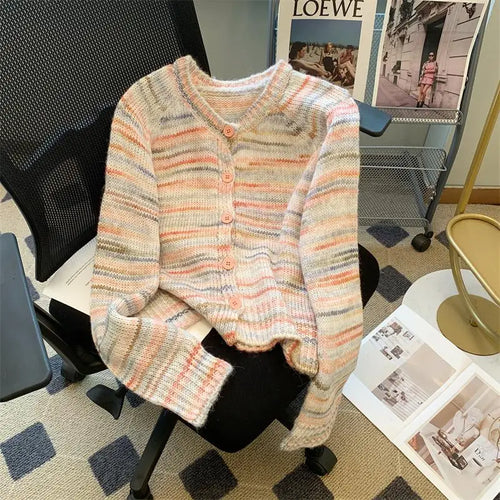 Load image into Gallery viewer, Autumn Winter Beige Stripes Gradient Long Sleeved Short Sweater Women's O-neck Single Breasted Knit Pullover Tops 2024 Thick New
