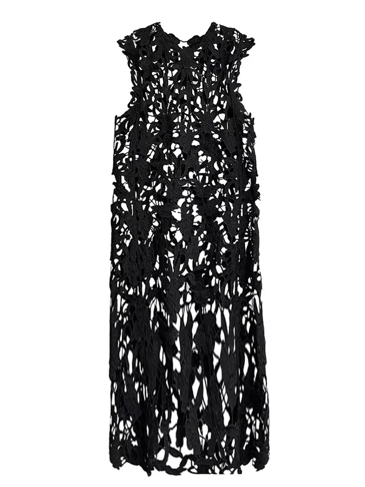 Women Black Lace Hollow Out Perspective Big Size Dress New Round Neck Sleeveless Fashion Tide Spring Summer 2025 1DJ0243