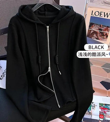 Korean Fashion Women's Black Beige Festival Hooded Zipper Sweatshirt Autumn Winter Retro Grey Long Sleeve Holiday Cardigan Tops