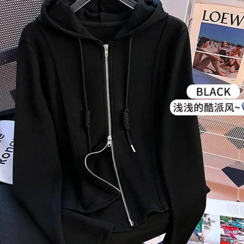 Load image into Gallery viewer, Korean Fashion Women's Black Beige Festival Hooded Zipper Sweatshirt Autumn Winter Retro Grey Long Sleeve Holiday Cardigan Tops
