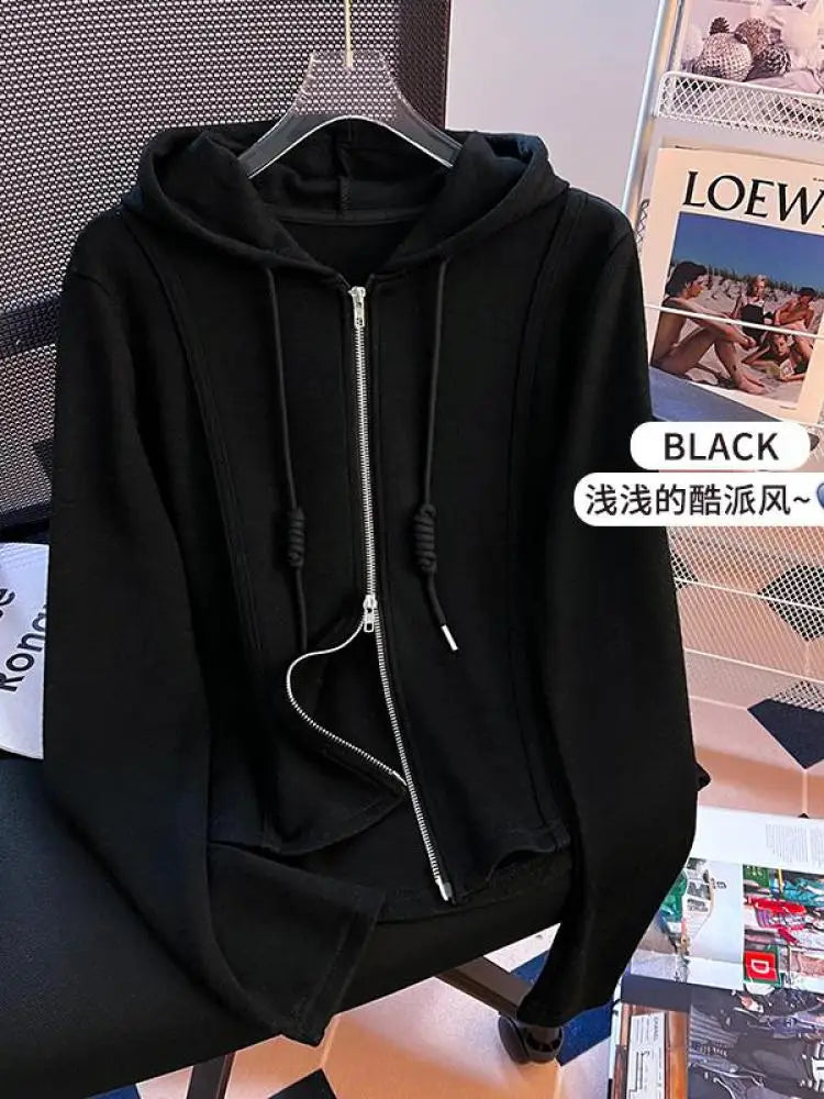 Korean Fashion Women's Black Beige Festival Hooded Zipper Sweatshirt Autumn Winter Retro Grey Long Sleeve Holiday Cardigan Tops