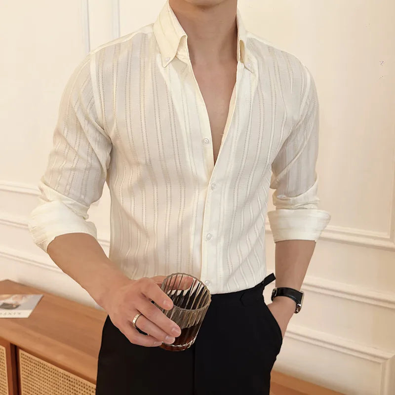 Men's New Spring Shirts Korean Striped Design Loose Long Sleeve Male Clothing Casual Single Breasted Fashion Menwear 9W1576