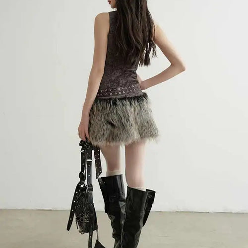 Load image into Gallery viewer, Women Gray Fur Spliced Bandage Elegant Mini Dress New Turtleneck Sleeveless Fashion Tide Spring Autumn 2025 1DH9342
