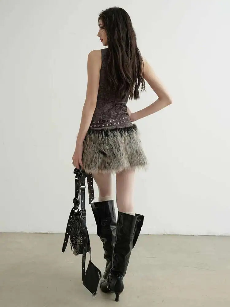 Women Gray Fur Spliced Bandage Elegant Mini Dress New Turtleneck Sleeveless Fashion Tide Spring Autumn 2025 1DH9342