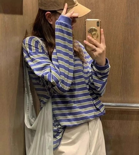 Simple Korean Woman T Shirts 2024 Ropa Mujer Vintage Long Sleeve Loose Tees Fashion Camisetas Casual Striped Y2k Tshirt Tops