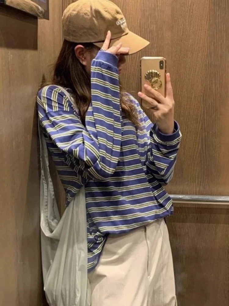 Simple Korean Woman T Shirts 2024 Ropa Mujer Vintage Long Sleeve Loose Tees Fashion Camisetas Casual Striped Y2k Tshirt Tops