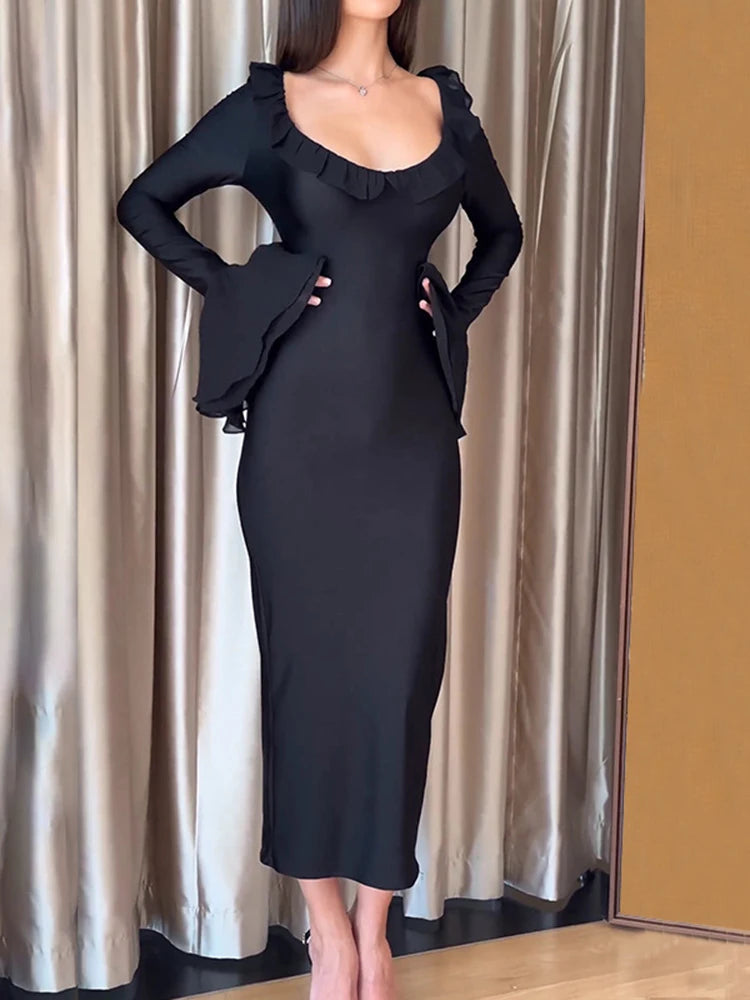Sexy Round Neck Bodcon Elastic Tight Dress Female Leader Slim Fit Long Sleeve Maxi Vestidos Elegant Party Evening Dress