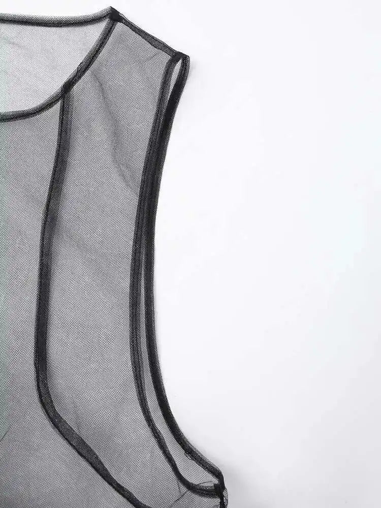 Women Black Irregular Ruffles Mesh Elegant Perspective Dress New Round Neck Sleeveless Fashion Spring Summer 2025 CPDB108