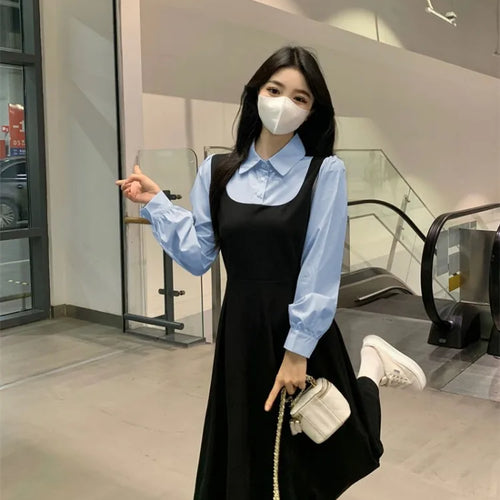 Load image into Gallery viewer, Autumn Korean Style School Long Sleeve Dress Women Kpop Casual Polo Black Dresses Kawaii Design Loose
