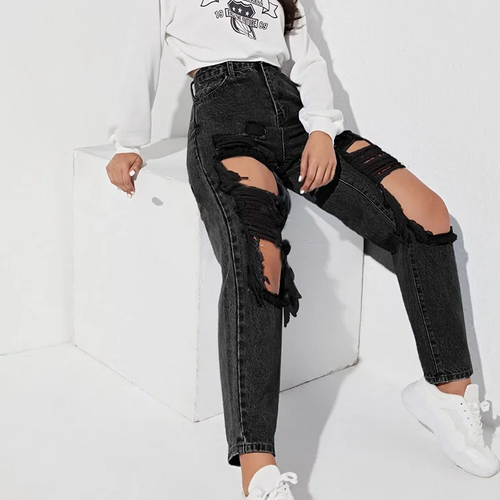 Load image into Gallery viewer, Black Jeans For Women High Waist Highwaist Holes Denim Patchwork Button Casual Loose Wide Leg Pants Female Autumn
