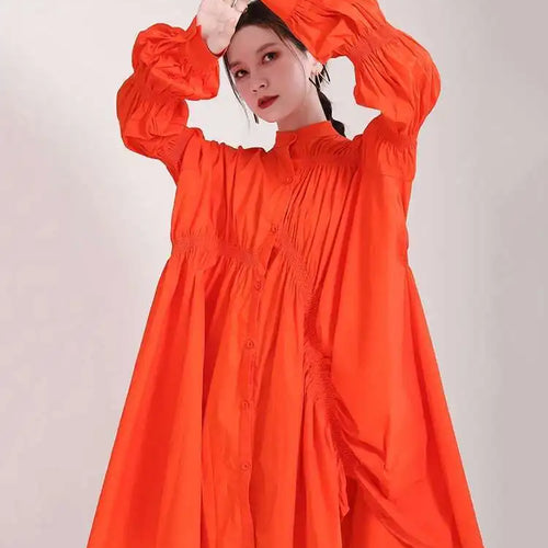 Load image into Gallery viewer, Women Blue Irregular Pleated Big Hem Shirt Dress New Stand Neck Long Sleeve Loose Fashion Tide Spring Autumn 2025 1DF9549
