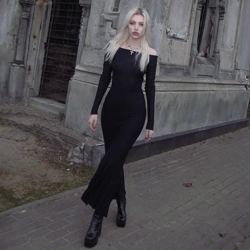 Load image into Gallery viewer, Elegant Gothic Slash Neck Autumn Dress for Women Fashion Hooded Bodycon Dark Academia Long Dress Basic Outfits Party
