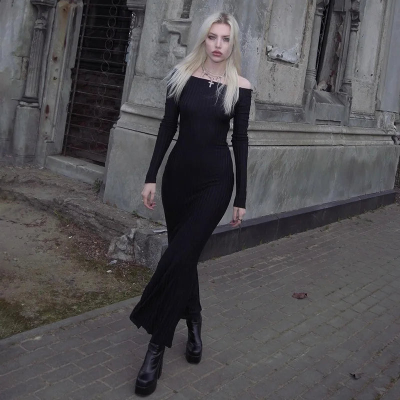 Elegant Gothic Slash Neck Autumn Dress for Women Fashion Hooded Bodycon Dark Academia Long Dress Basic Outfits Party