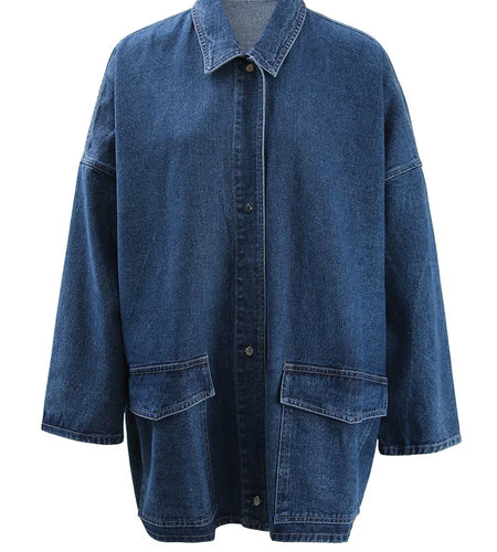 Blue Denim Thick Pocket Big Size Casual Jacket New Lapel Long Sleeve Women Coat Fashion Tide Spring Autumn 2025 CP2074