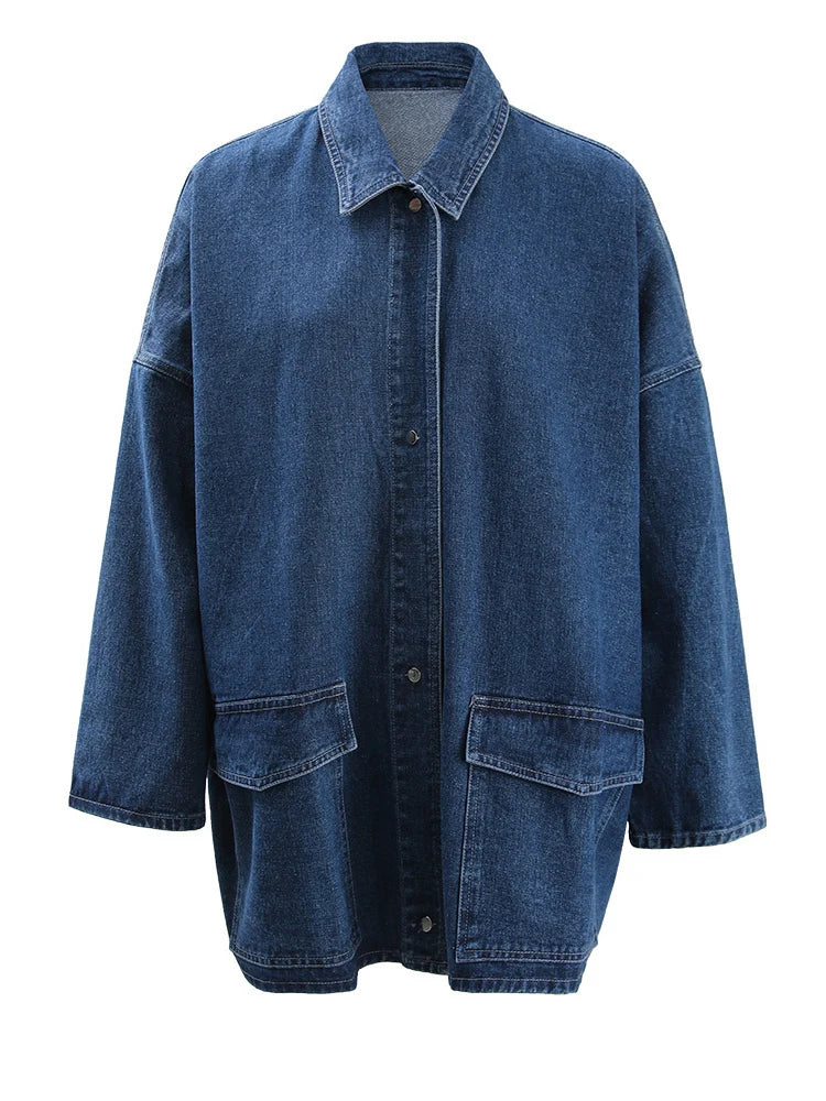 Blue Denim Thick Pocket Big Size Casual Jacket New Lapel Long Sleeve Women Coat Fashion Tide Spring Autumn 2025 CP2074