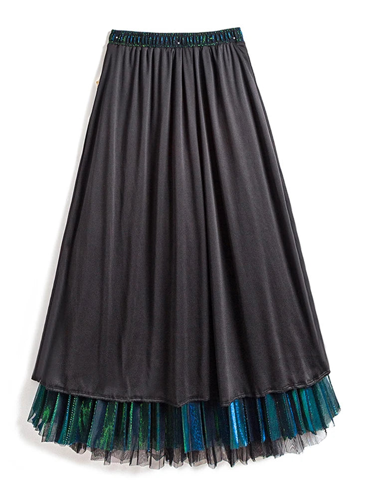 Spring Fall Women Long Maxi Pleated Skirt Midi Skirt High Waist Elascity Casual Party Skirt B-001