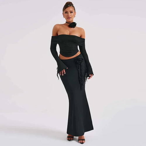Load image into Gallery viewer, Elegant Halter 3D Flower Two Piece Sets Women Fashion Off-shoulder Tops And Maxi Skirt Matching Sets Bodycon Sexy Dress
