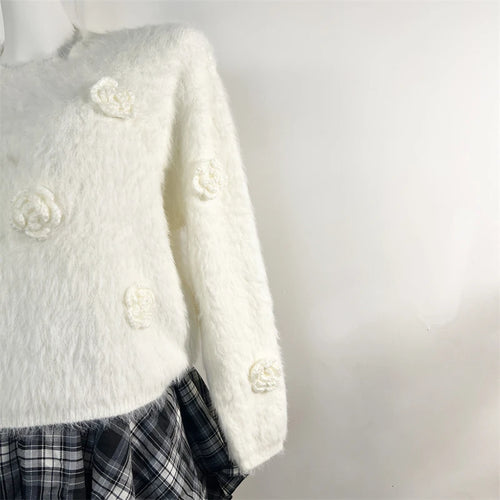 Load image into Gallery viewer, Autumn Winter White Mink Flower Decoration Short Knitted Sweater Women Retro Round Neck Vacation Long Sleeves Soft Pullover Tops
