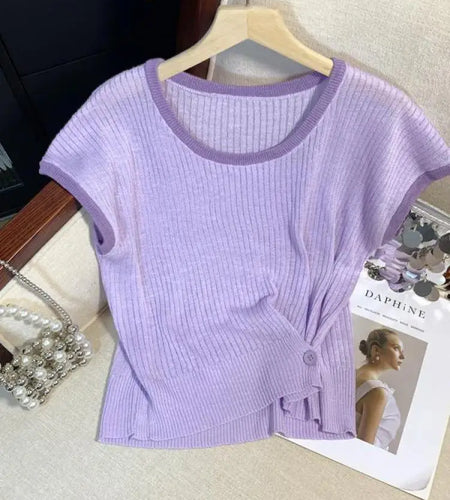 Women Summer Round Neck Patchwork Short Sleeves Knit T-shirt Fashion Festival Casual Ladies Street Button Design Top Popular New