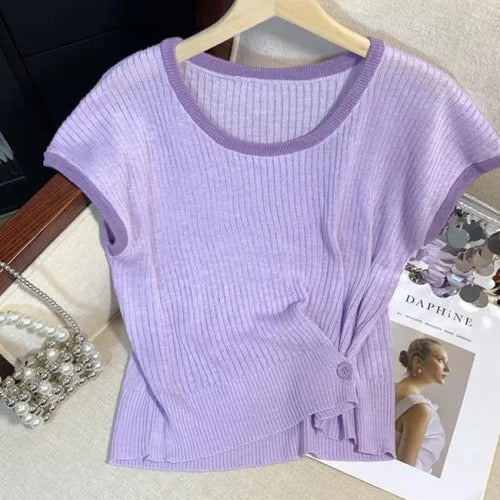 Load image into Gallery viewer, Women Summer Round Neck Patchwork Short Sleeves Knit T-shirt Fashion Festival Casual Ladies Street Button Design Top Popular New
