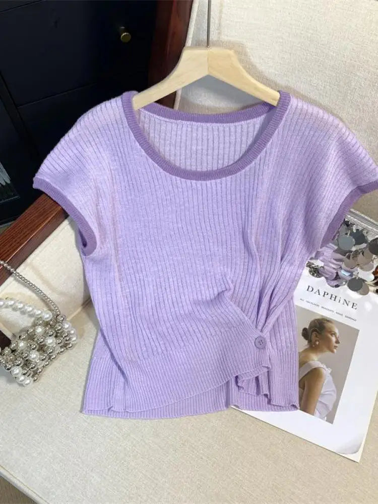 Women Summer Round Neck Patchwork Short Sleeves Knit T-shirt Fashion Festival Casual Ladies Street Button Design Top Popular New
