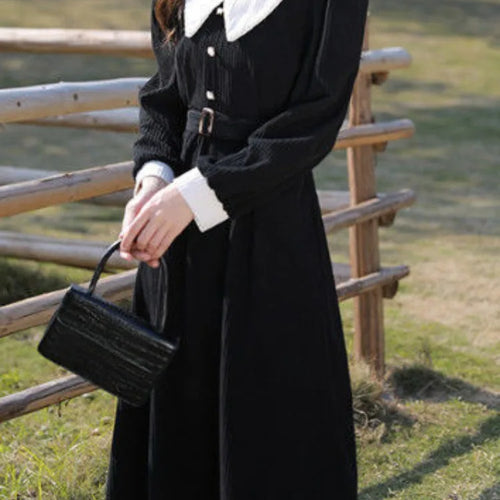 Load image into Gallery viewer, Preppy Style School Corduroy Dress Women Sweet Kawaii Black Long Sleeve Midi Dresses with Belt Korean Autumn Winter
