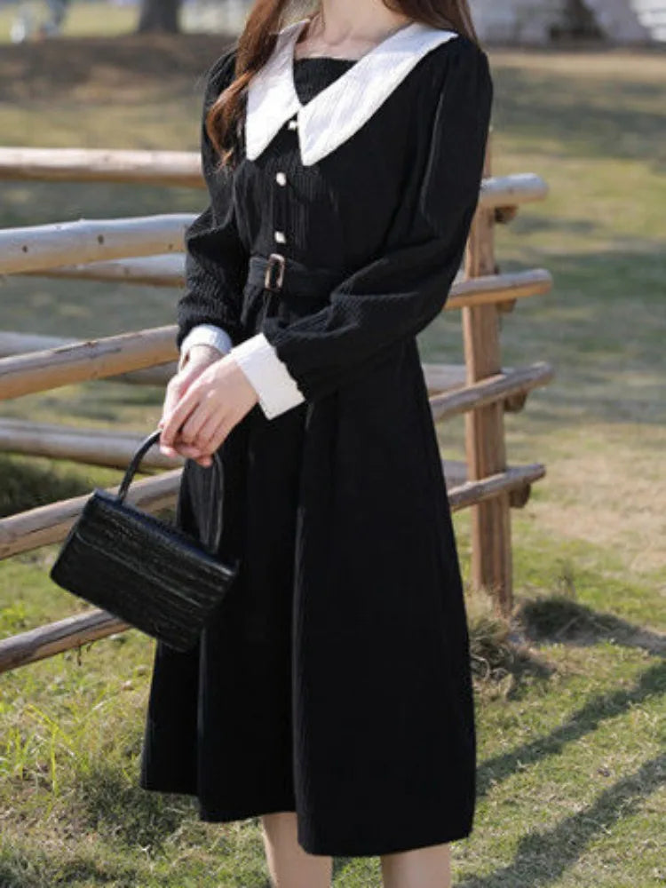 Preppy Style School Corduroy Dress Women Sweet Kawaii Black Long Sleeve Midi Dresses with Belt Korean Autumn Winter