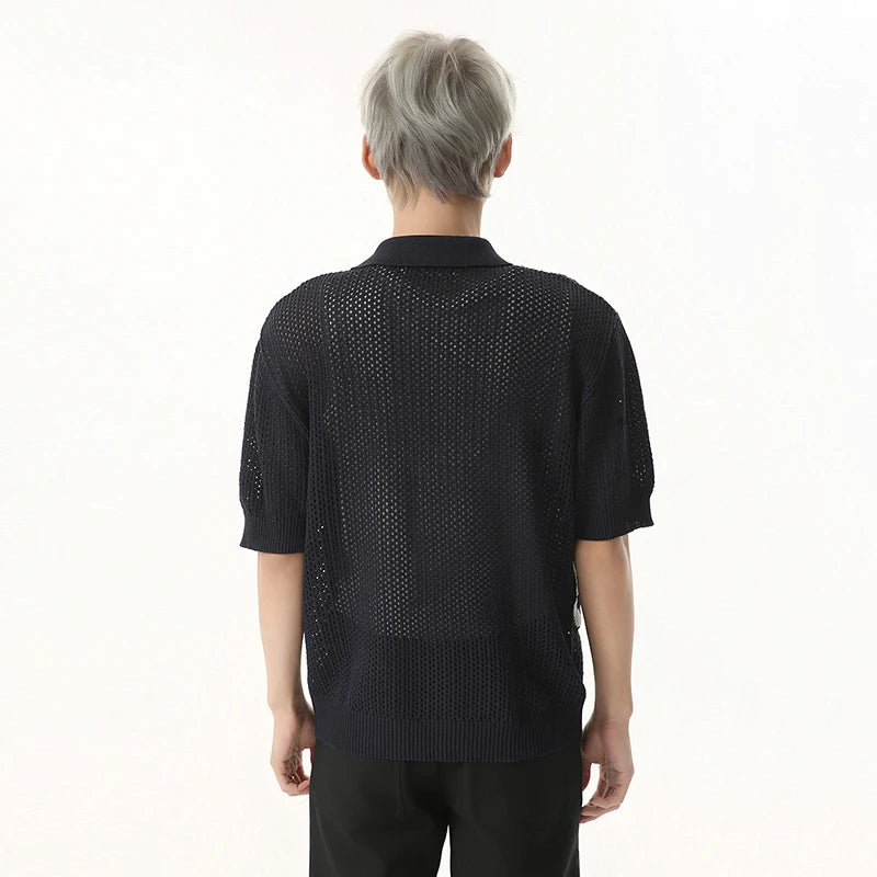 Contrast Color Men's Tees Cartoon Design Niche Turn-down Collar Knitting Tops Short Sleeve Casual Male T-shirts Tide 9W1255