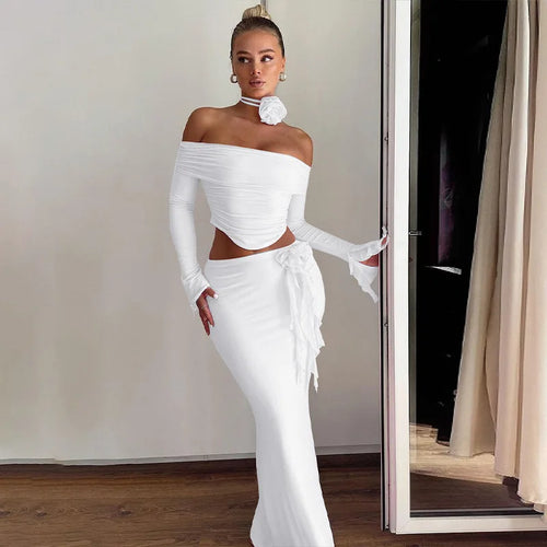 Load image into Gallery viewer, Elegant Halter 3D Flower Two Piece Sets Women Fashion Off-shoulder Tops And Maxi Skirt Matching Sets Bodycon Sexy Dress
