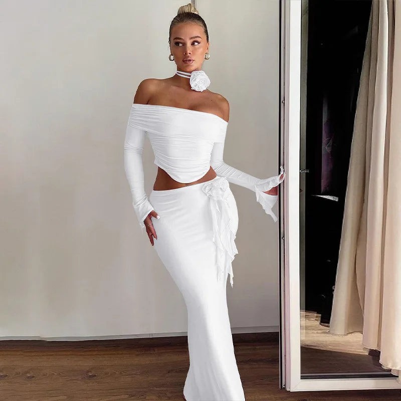 Elegant Halter 3D Flower Two Piece Sets Women Fashion Off-shoulder Tops And Maxi Skirt Matching Sets Bodycon Sexy Dress