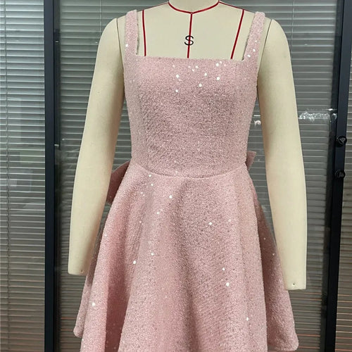 Load image into Gallery viewer, Sequins Bow Backless Sexy Mini Dress For Women Robe Fashion Square Collar Sleeveless High Waist A-line Club Dress
