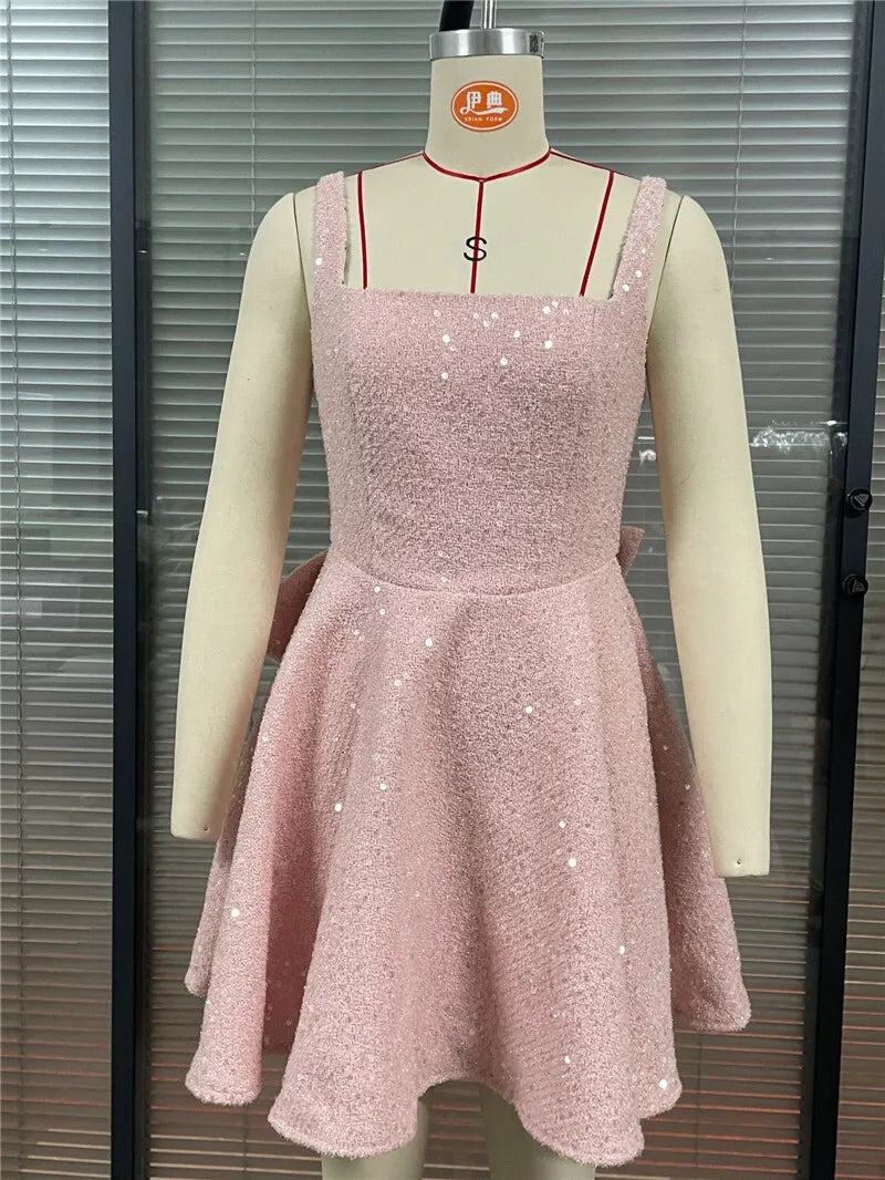 Sequins Bow Backless Sexy Mini Dress For Women Robe Fashion Square Collar Sleeveless High Waist A-line Club Dress