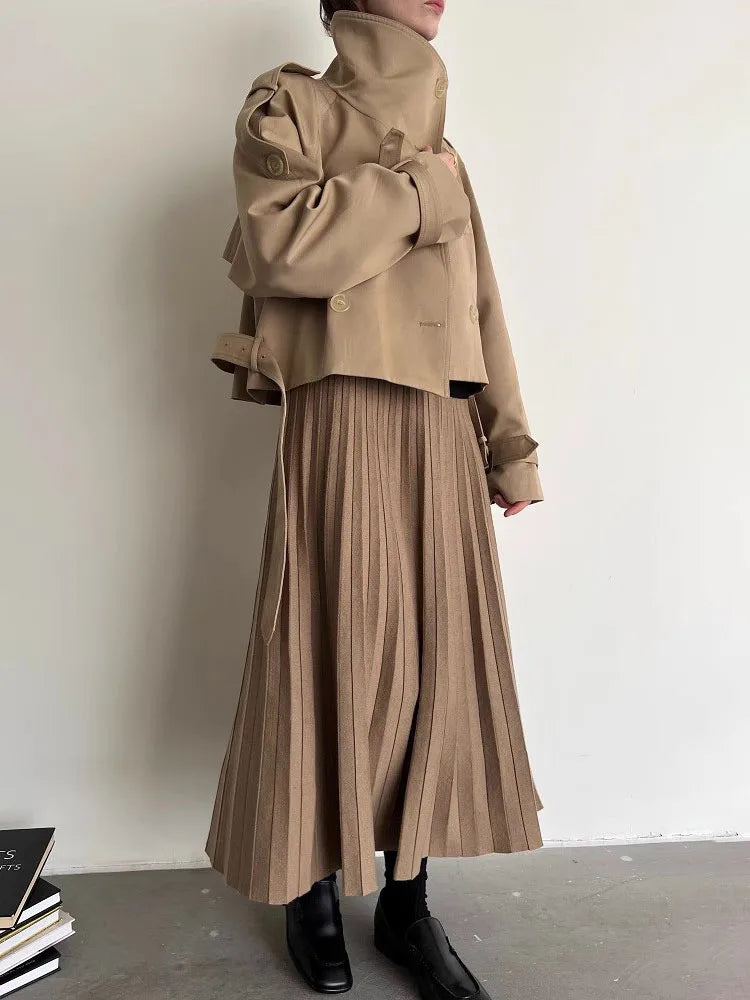 Winter Patchwork Pleated Skirt Reversible High Quality Knitted Long Wool Blended Women Skirt Striped Classic Fashion C-311