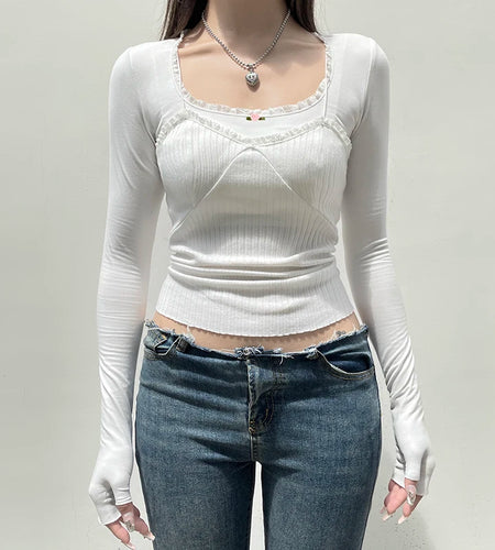 Hotsweet White Knit Women T-shirts Chic Lace Patched Korean Style Coquette Clothes Autumn Tee Top Slim Kawaii Shirts