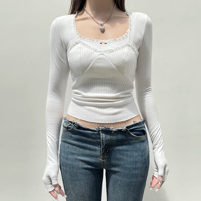 Hotsweet White Knit Women T-shirts Chic Lace Patched Korean Style Coquette Clothes Autumn Tee Top Slim Kawaii Shirts