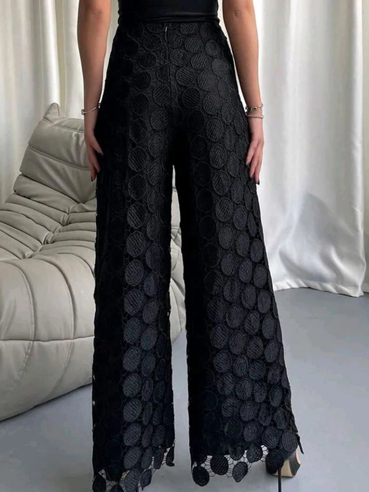 Patchwork Round Tassel Hollow Out Loose Trousers For Women High Waist Solid Fashion Embroidery Wide Leg Pants Female Style