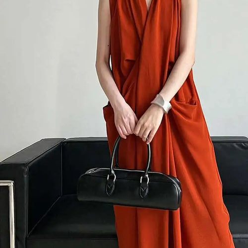 Load image into Gallery viewer, Women Orange Pocket Knot Elegant  Long Big Size Dress New V-Neck Sleeveless Fashion Tide Spring Summer 2025 1DH6380
