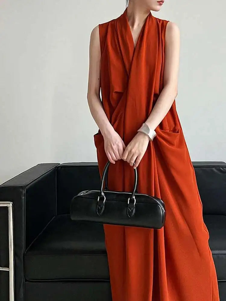 Women Orange Pocket Knot Elegant  Long Big Size Dress New V-Neck Sleeveless Fashion Tide Spring Summer 2025 1DH6380