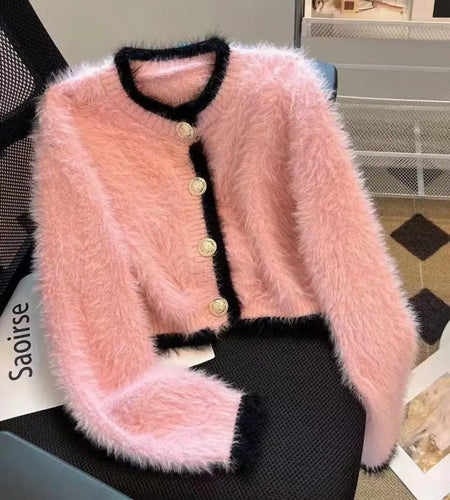 Autumn Winter Sweet Pink Patchwork Single Breasted Knitted Mink Sweater French Women's White Elegant Cardigan Tops Streetwear