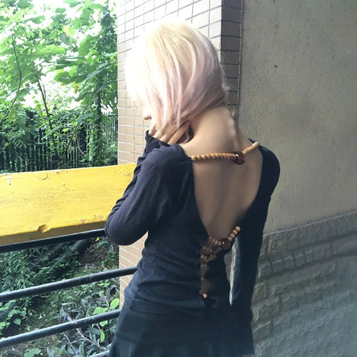 Load image into Gallery viewer, Japanese Y2k Hollow Out Tops Vintage Harajuku Beaded T Shirt 2000s Aesthetics Long Sleeve Slim T-shirts American Retro
