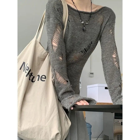 Sweater for Women Off Shoulder Long Sleeve Thin Jumper Pull Femme Fashion Hole Sexy Knitted Oversized Pullovers Y2k Tops 27v380