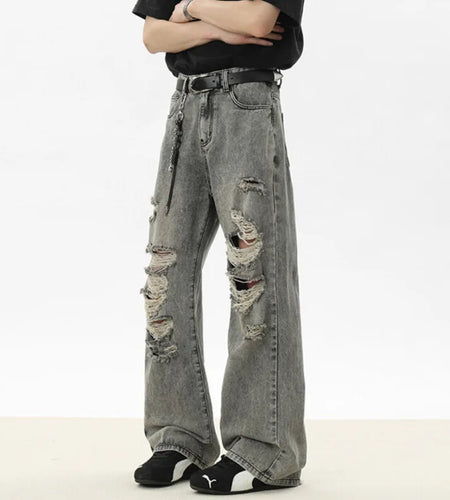 Men's Jeans New Summer Solid Color Denim Pants Multi Hole Stylish American High Street Handsome Straight Menwear 9W1533