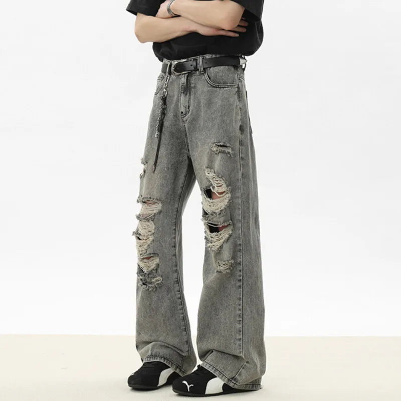 Men's Jeans New Summer Solid Color Denim Pants Multi Hole Stylish American High Street Handsome Straight Menwear 9W1533