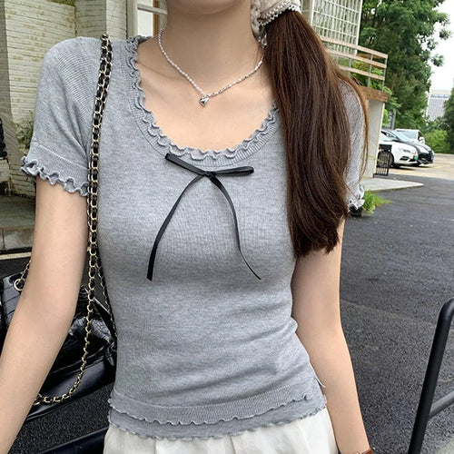 Load image into Gallery viewer, Y2k Aesthetic Summer Apricot Sweet Bow Tees 2025 Vintage Knitted Ruffled Fairy Tshirts Women Harajuku Grunge Slim Fit Thin Tops
