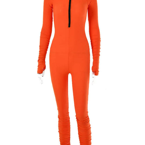 Load image into Gallery viewer, Turtleneck Zipper Skinny Jumpsuit Women Long Sleeve One Piece Neon Orange Bodysuit Female Running Fitness Outfits
