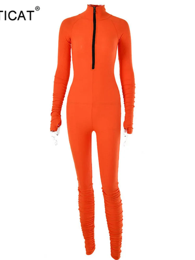 Turtleneck Zipper Skinny Jumpsuit Women Long Sleeve One Piece Neon Orange Bodysuit Female Running Fitness Outfits