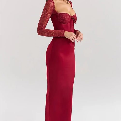 Load image into Gallery viewer, Backless Long Sleeve Sexy Maxi Dress For Women Solid Square Collar Lace-up Back Split Bodycon Club Long Dress Elegant
