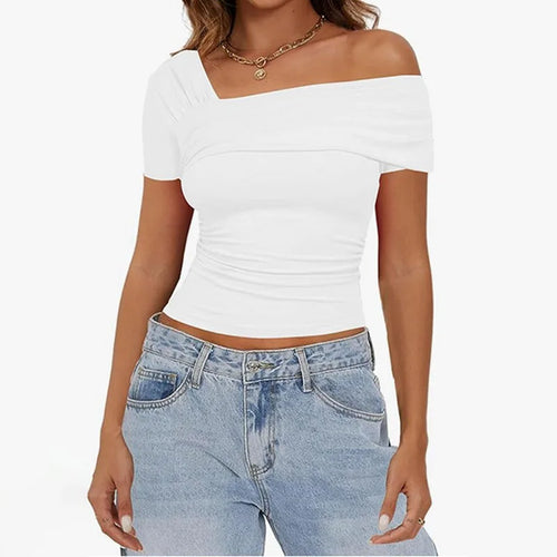 Load image into Gallery viewer, Asymmetrical Fitness Solid Summer T-shirts Women Basic Fashion Folds Sexy Design Crop Top Casual Short Sleeve Tee New

